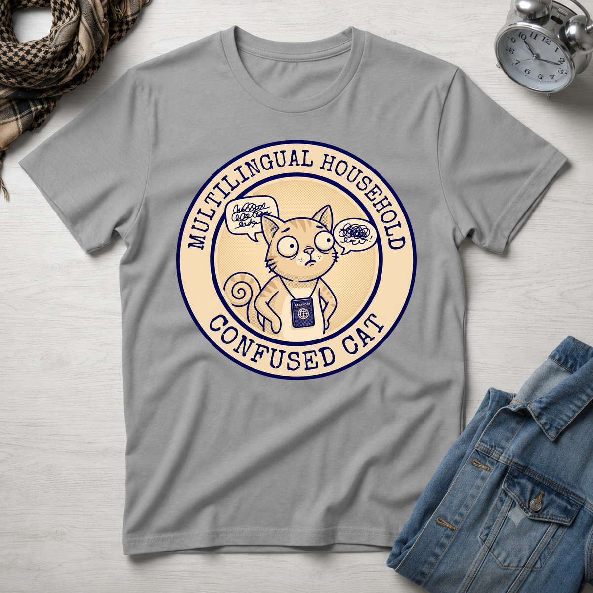 Multi-Lingual Household Confused Cat T-Shirt