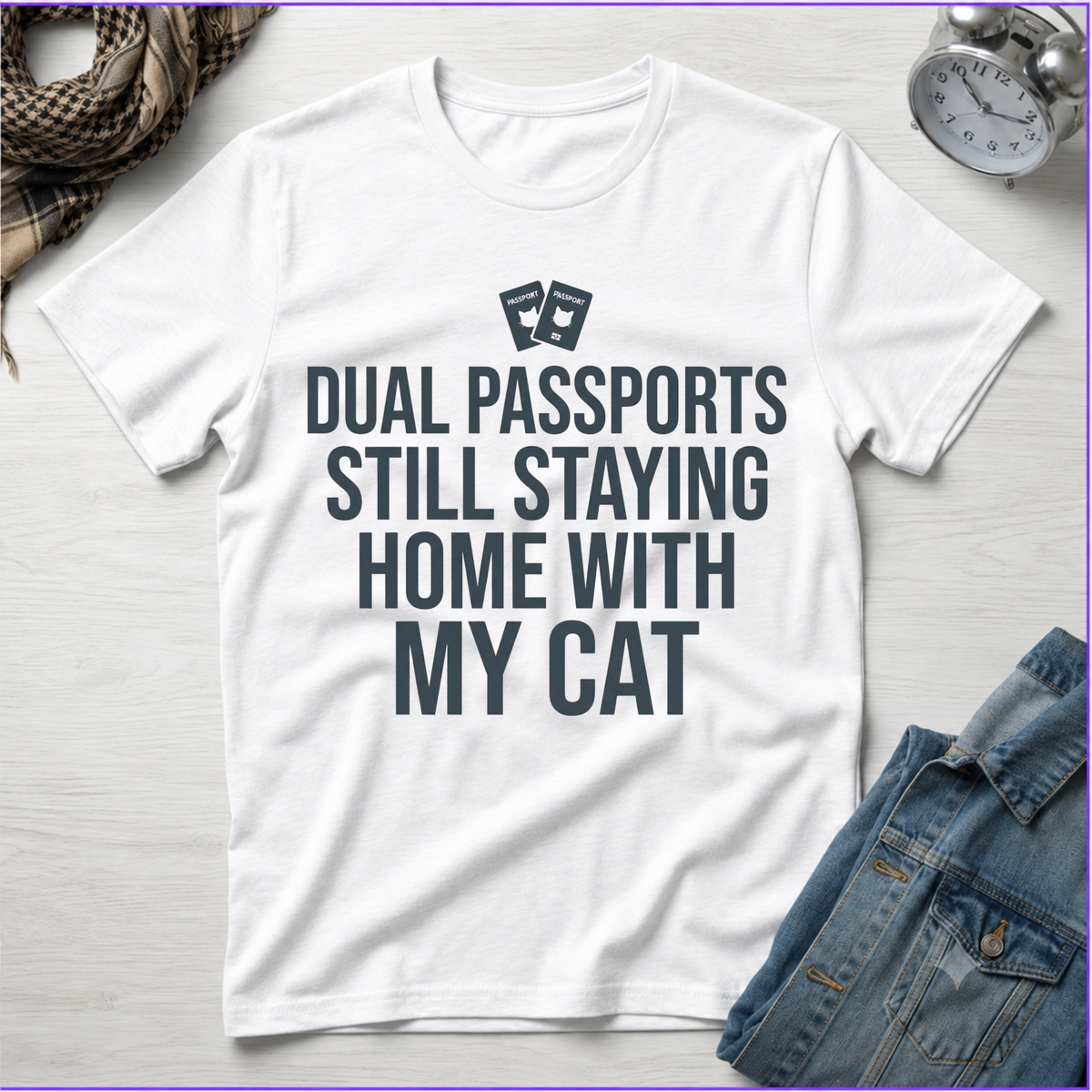 Dual Passports Staying Still Home with My Cat T-Shirt